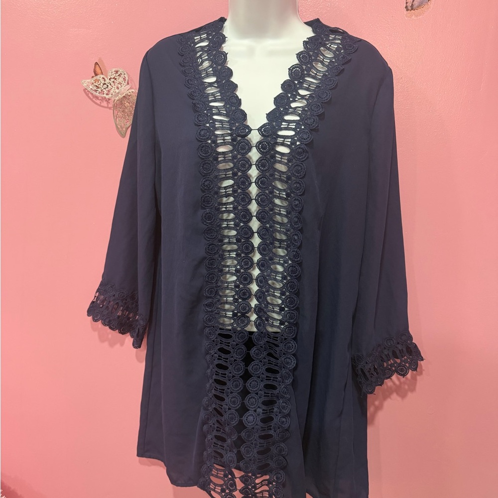 Navy Lace Trim Blouse